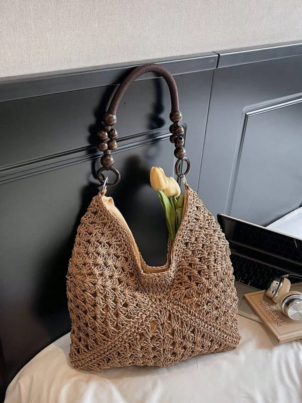 Khaki Casual Women's Crochet Hollow Patchwork Spacious Shoulder Bag - Picture 2 of 9